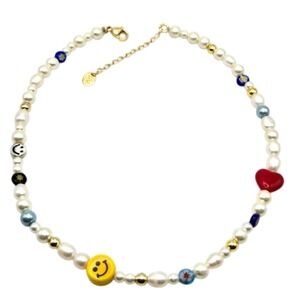 "Fun Flirt" Summertime Genuine Freshwater Pearl Smile Millefiori Beaded Necklace